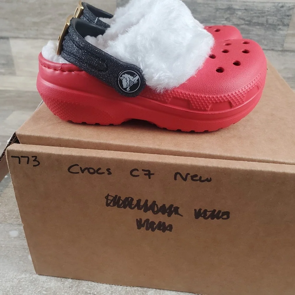 Crocs Classic Lined Santa‎ Kids Clog Sz 7 C7 Red Rubber Slip-On Slingback Shoes